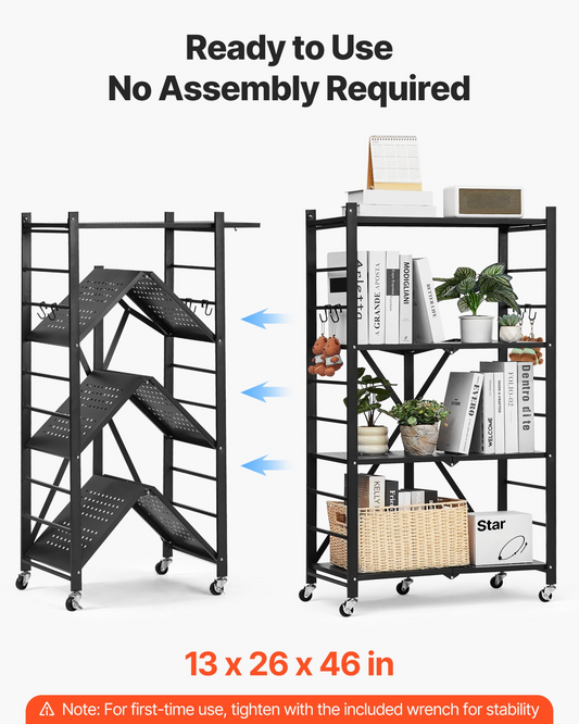 VEVOR 4-Tier Foldable Storage Shelf with Wheels 26 x 13 x 46-inch Metal Shelving