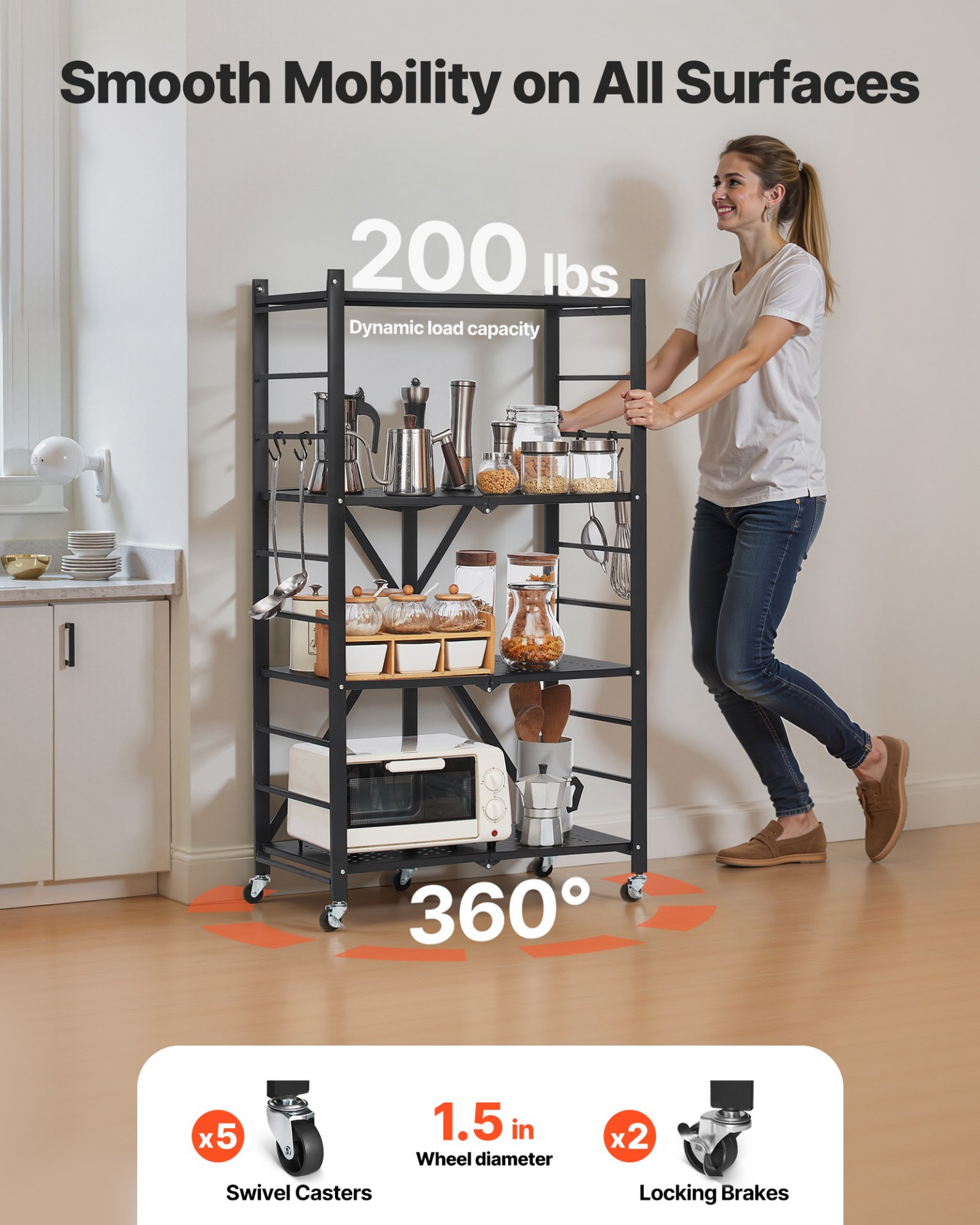 VEVOR 4-Tier Foldable Storage Shelf with Wheels 26 x 13 x 46-inch Metal Shelving