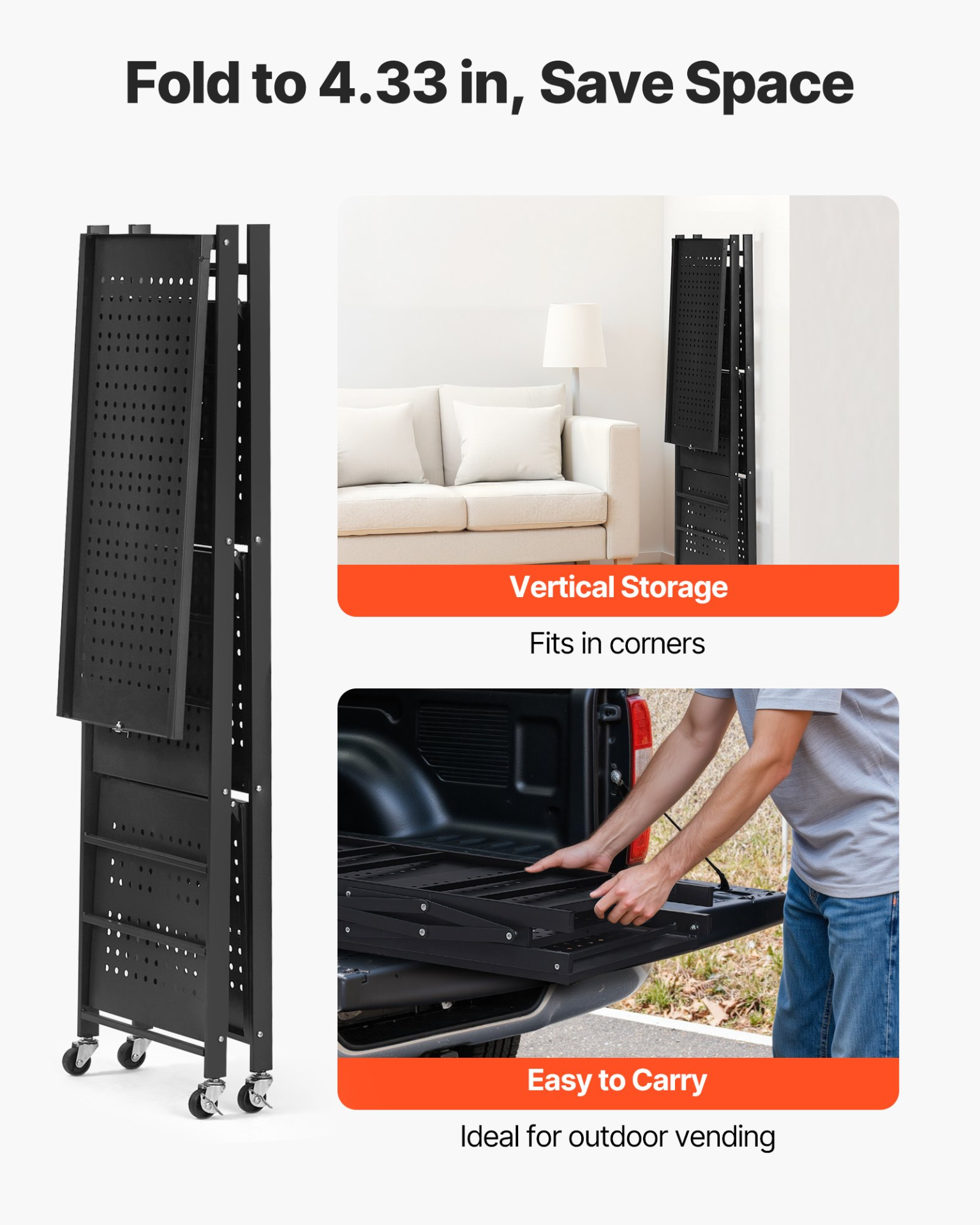 VEVOR 4-Tier Foldable Storage Shelf with Wheels 26 x 13 x 46-inch Metal Shelving