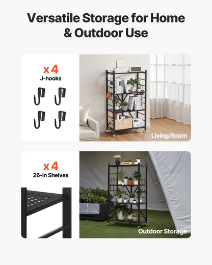 VEVOR 4-Tier Foldable Storage Shelf with Wheels 26 x 13 x 46-inch Metal Shelving