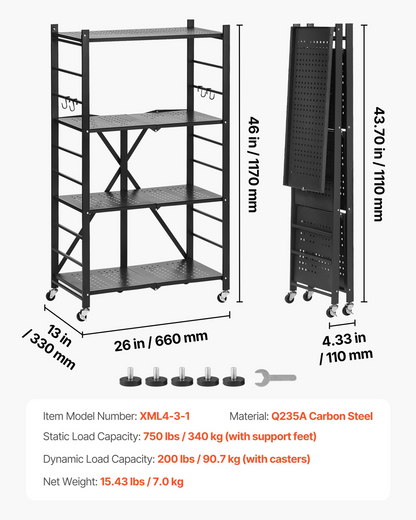 VEVOR 4-Tier Foldable Storage Shelf with Wheels 26 x 13 x 46-inch Metal Shelving
