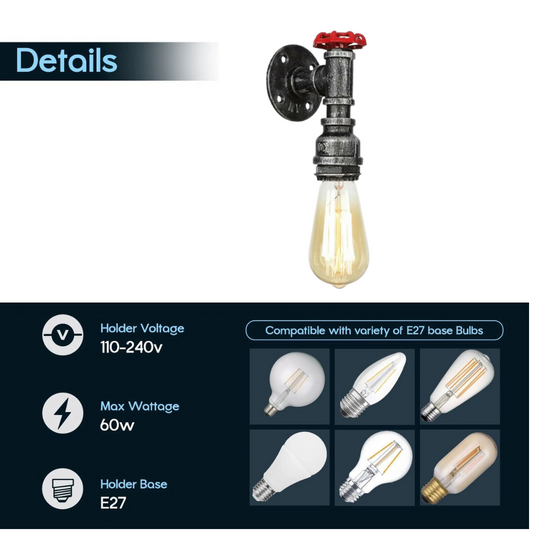 Vintage Brushed Silver Water Pipe Wall Sconce Light Holder with Wheel~2071