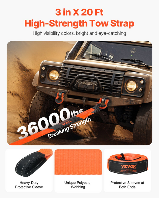 VEVOR Car Tow Cable Towing Strap Rope 36000 lbs 20 ft Emergency Heavy Duty Strap