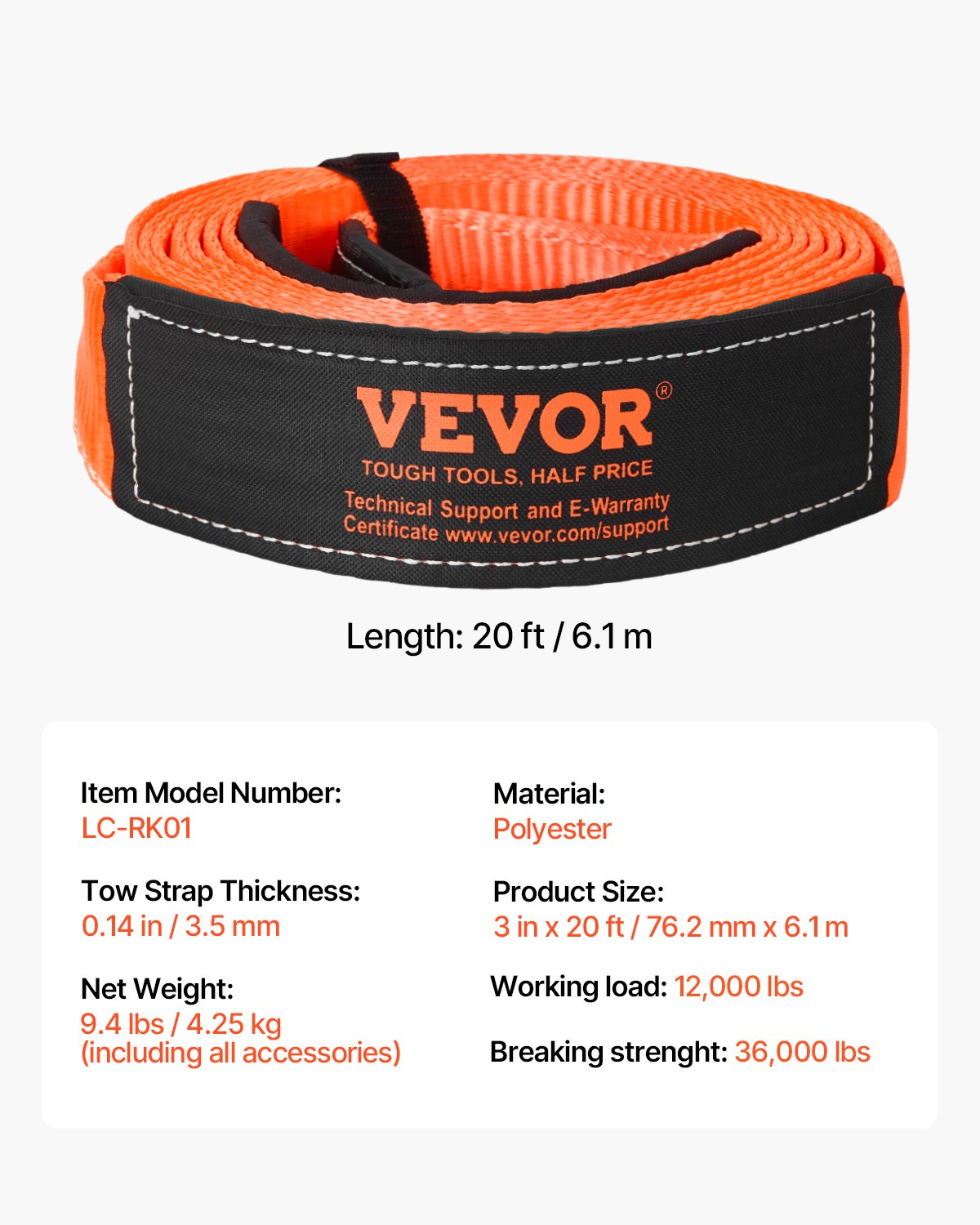 VEVOR Car Tow Cable Towing Strap Rope 36000 lbs 20 ft Emergency Heavy Duty Strap
