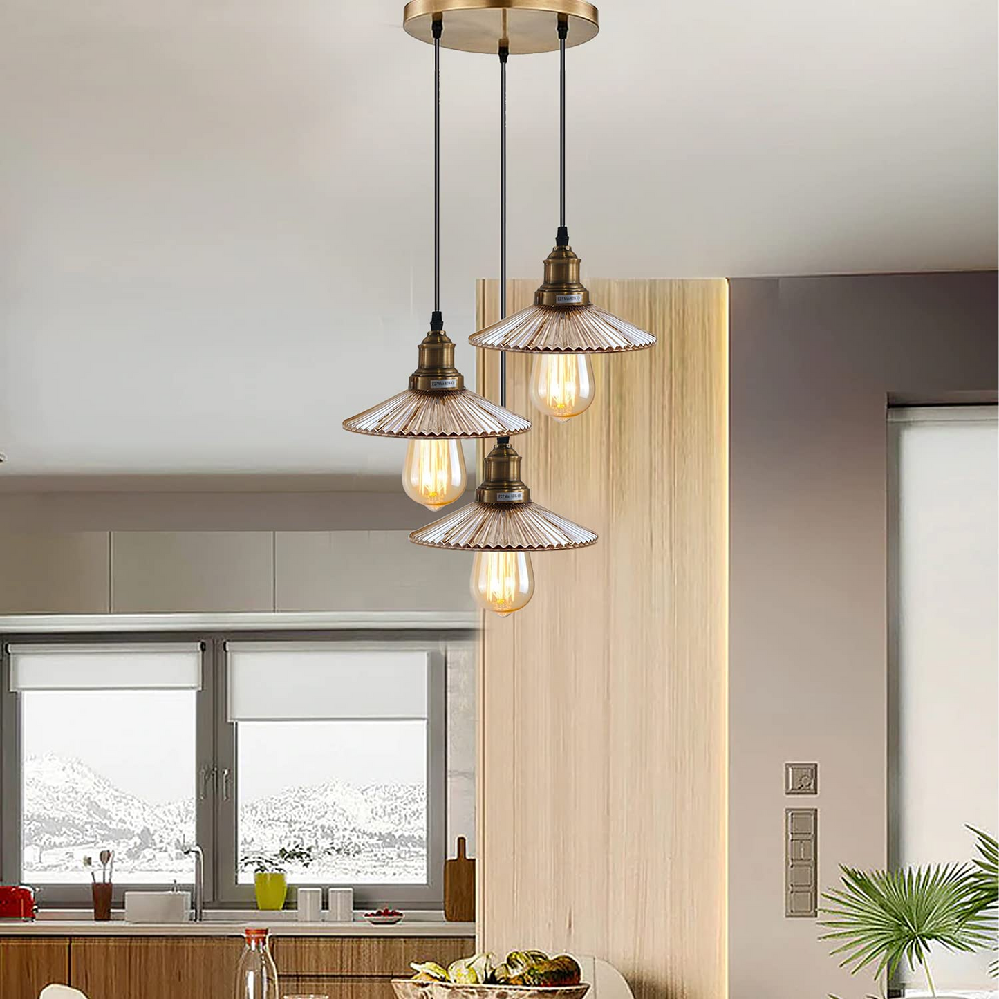 3 Way Ceiling Pendant Light Cluster Light Fitting Glass Lampshade Yellow Brass Finish Home E27 Lighting Kit~1559