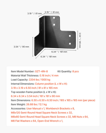 VEVOR 8pcs Workbench Corner Brackets Kit 6.5 x 6.5 x 6.5 in/165 x 165 x 165 mm