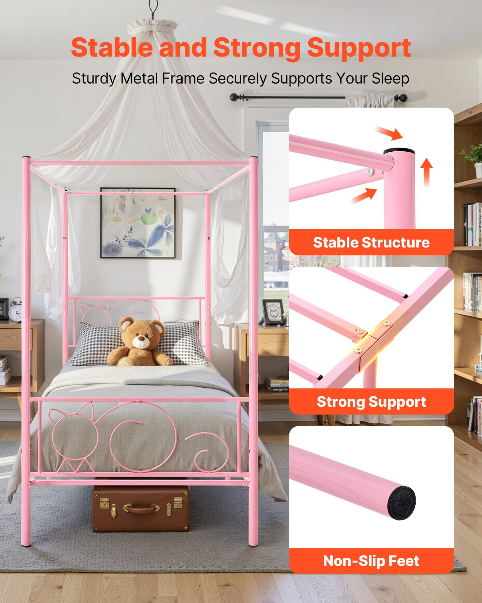 VEVOR Twin Size Canopy Bed Frame Metal Canopy Bed with Headboard & Four Posters