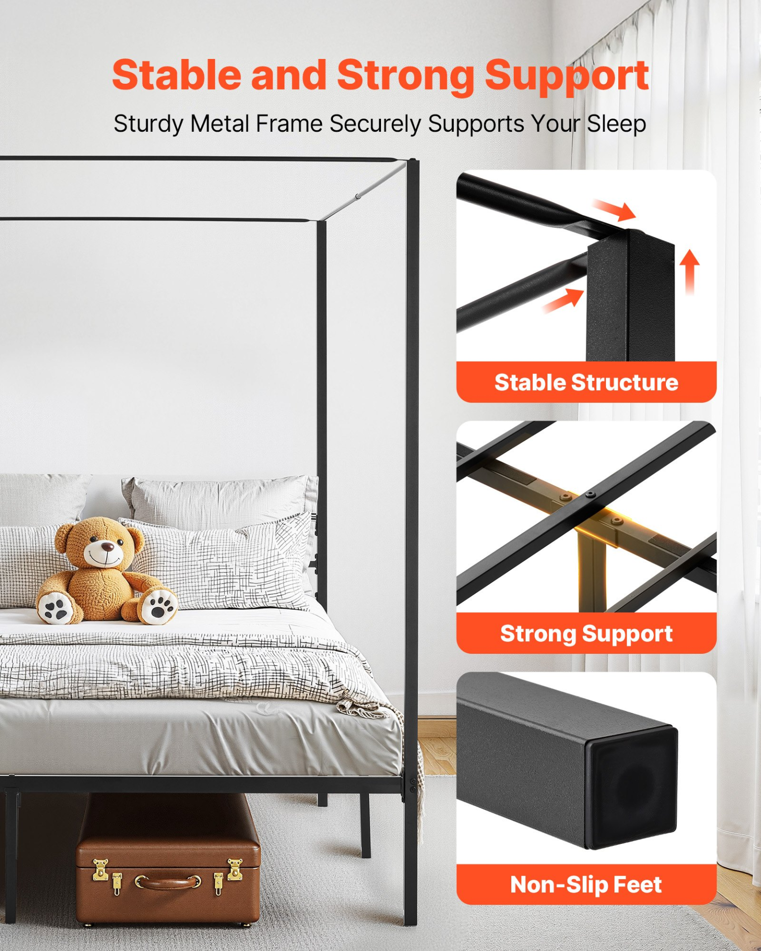 VEVOR King Size Canopy Bed Frame Metal Canopy Bed with Four Posters Black