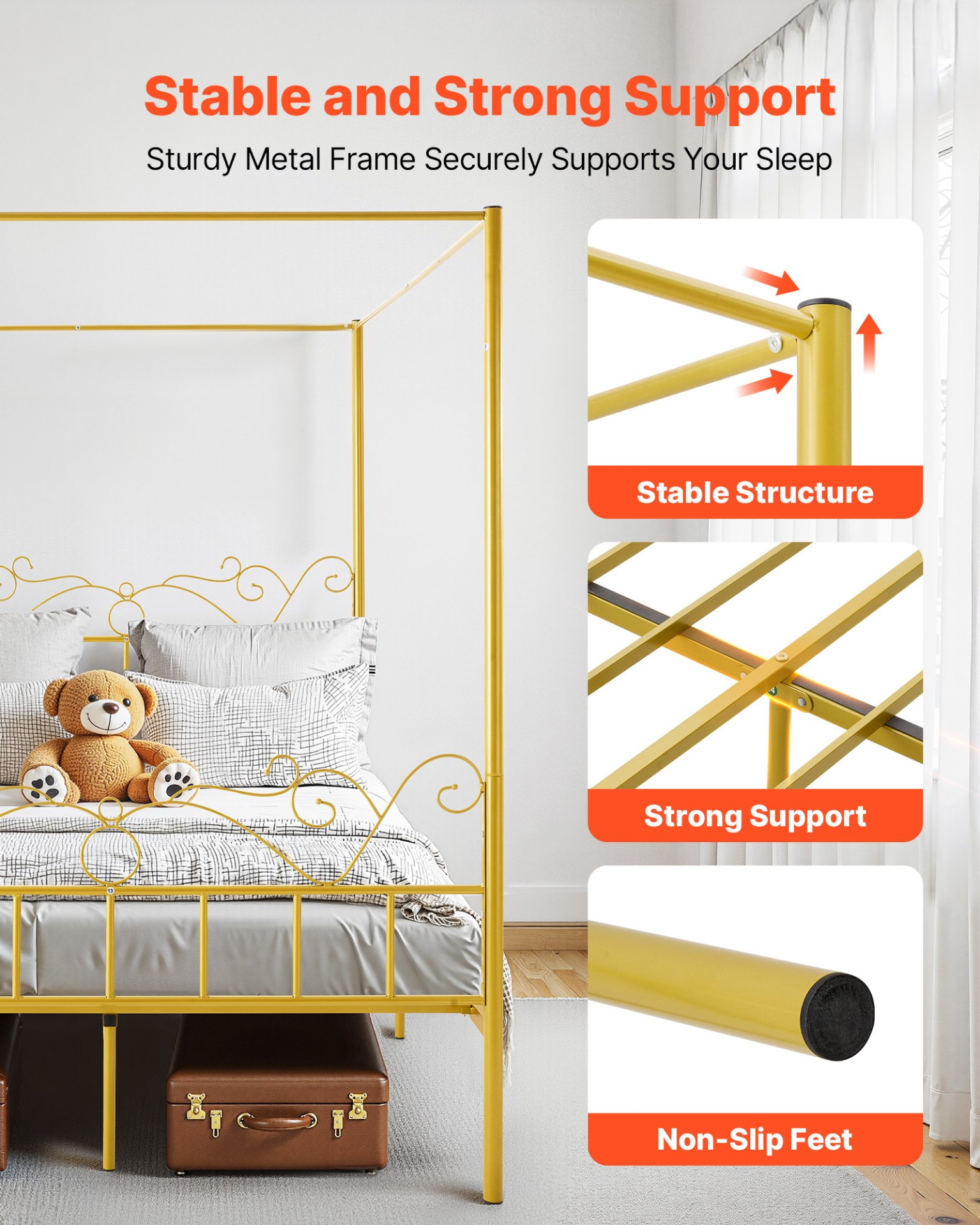 VEVOR Queen Size Canopy Bed Frame Metal Canopy Bed with Headboard & Four Posters