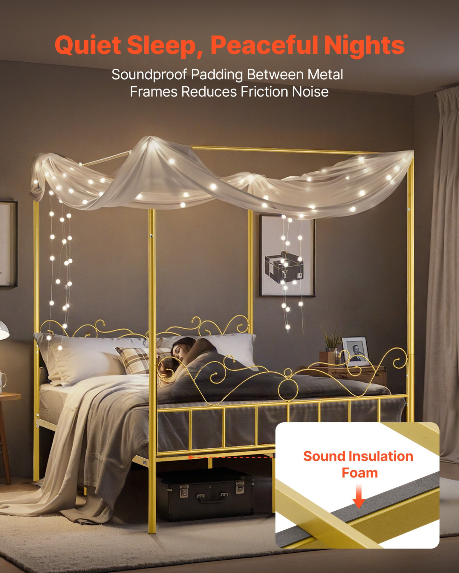 VEVOR Queen Size Canopy Bed Frame Metal Canopy Bed with Headboard & Four Posters