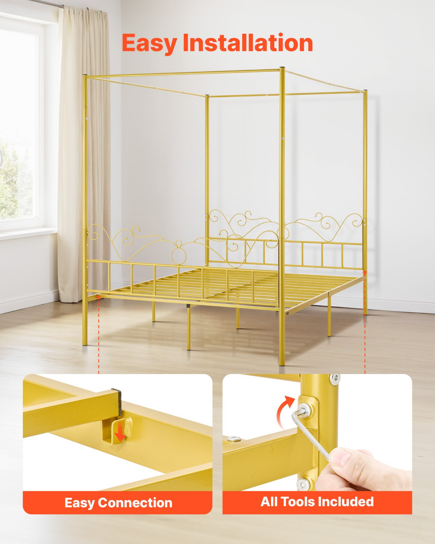 VEVOR Queen Size Canopy Bed Frame Metal Canopy Bed with Headboard & Four Posters