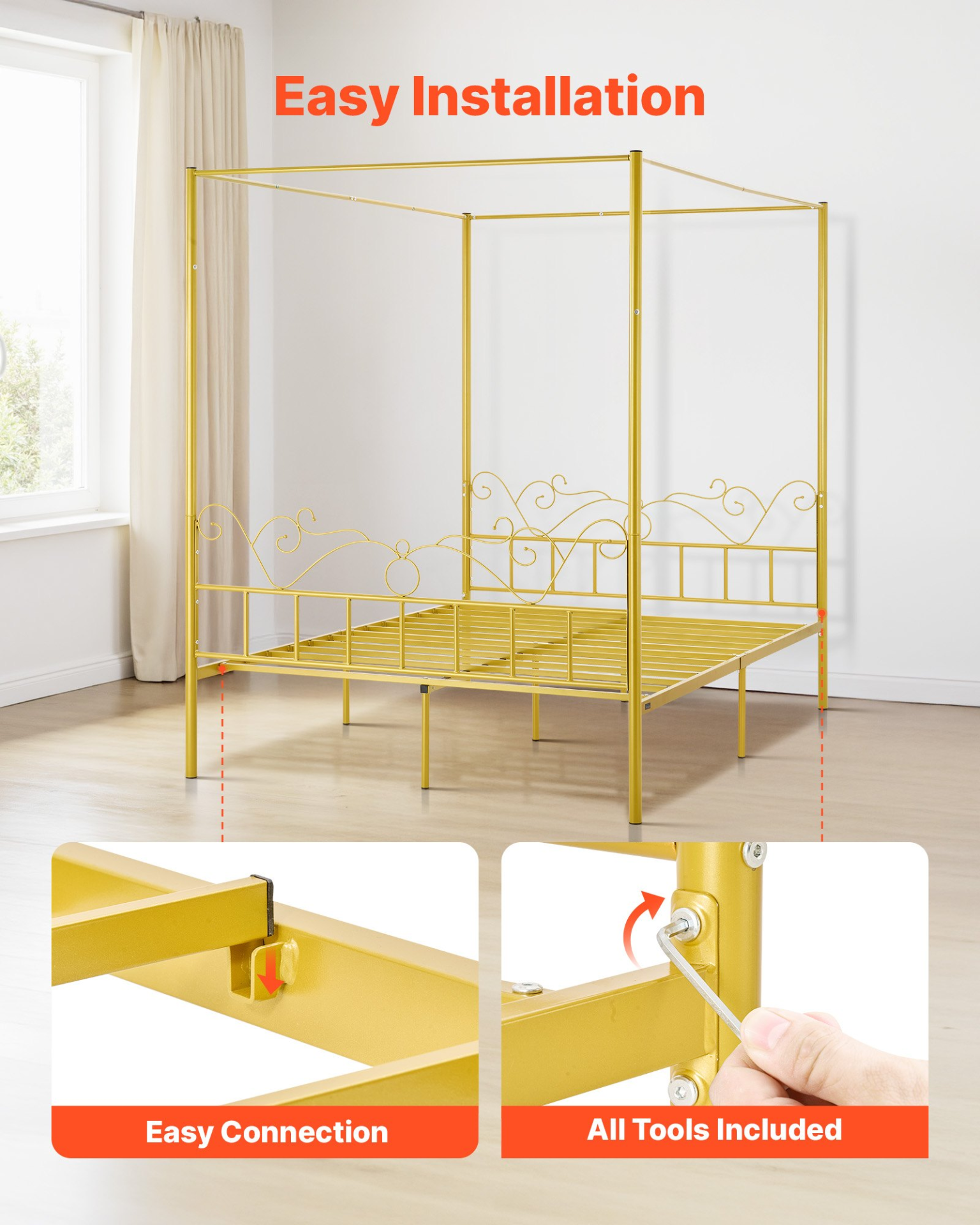 VEVOR Queen Size Canopy Bed Frame Metal Canopy Bed with Headboard & Four Posters