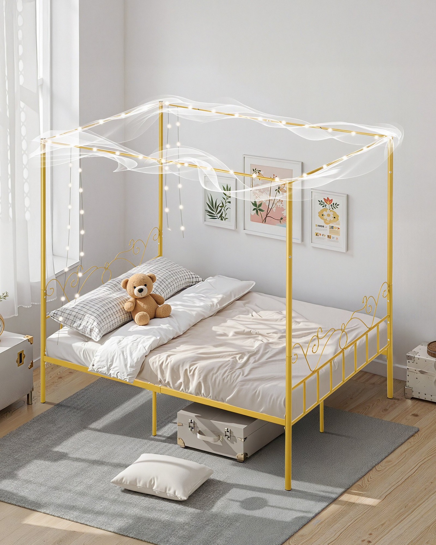 VEVOR Queen Size Canopy Bed Frame Metal Canopy Bed with Headboard & Four Posters