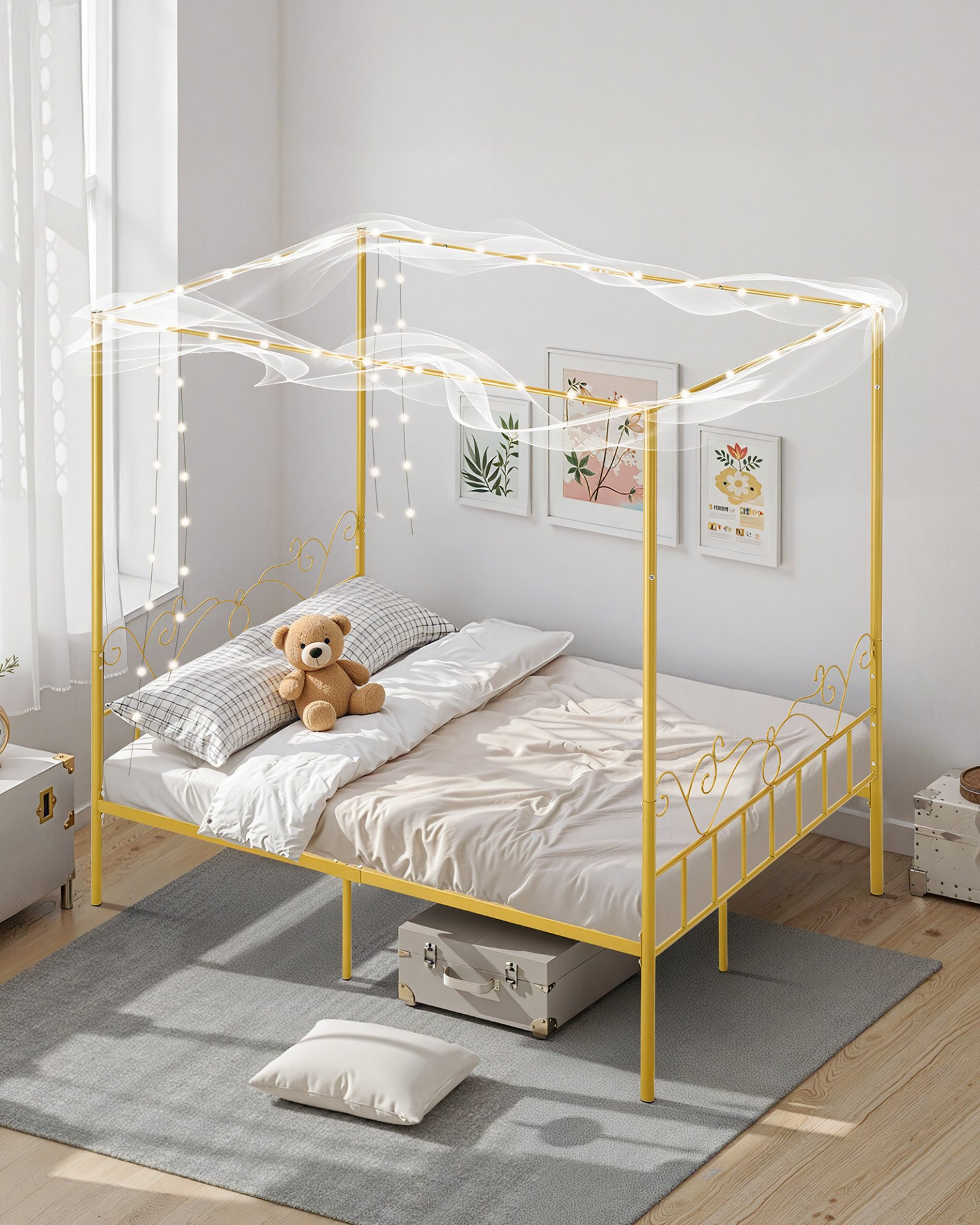 VEVOR Queen Size Canopy Bed Frame Metal Canopy Bed with Headboard & Four Posters