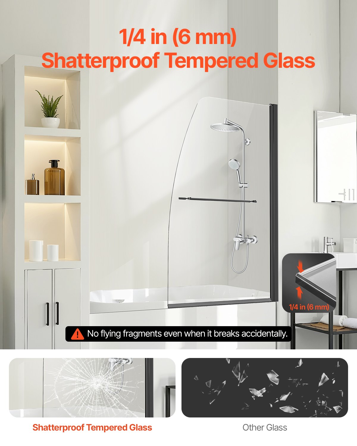VEVOR Frameless Bathtub Shower Door 34 in. W x 55 in. H 180° Rotatable Door