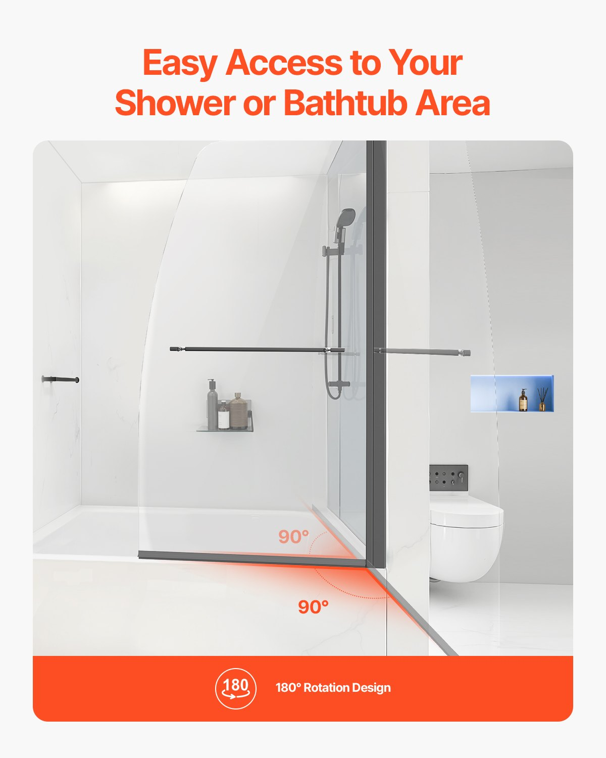 VEVOR Frameless Bathtub Shower Door 34 in. W x 55 in. H 180° Rotatable Door