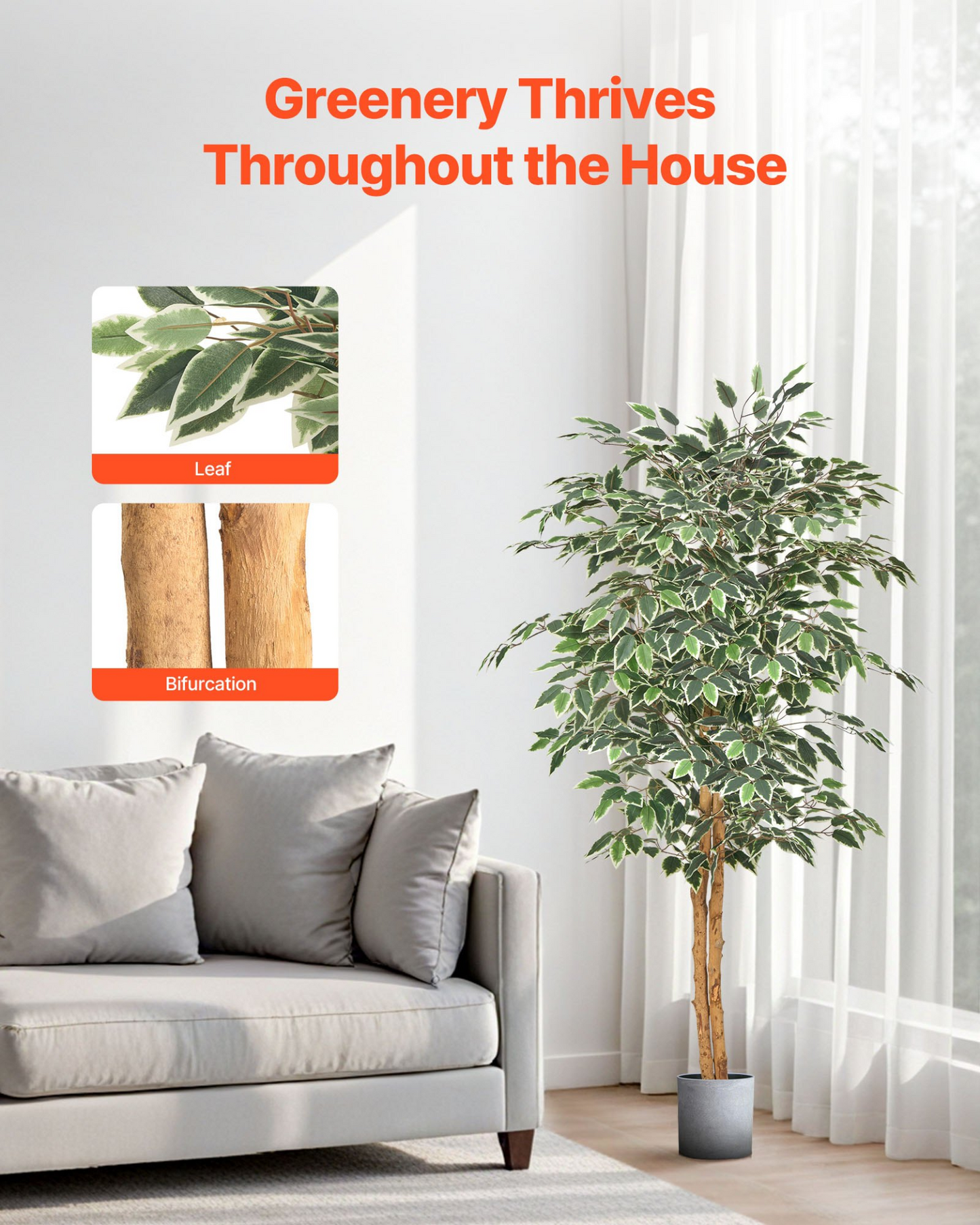 VEVOR 150cm Artificial Ficus Tree Tall Faux Plant with Pot for Indoor Decor
