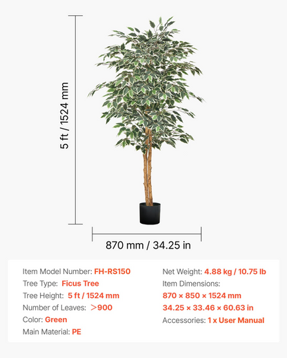 VEVOR 150cm Artificial Ficus Tree Tall Faux Plant with Pot for Indoor Decor