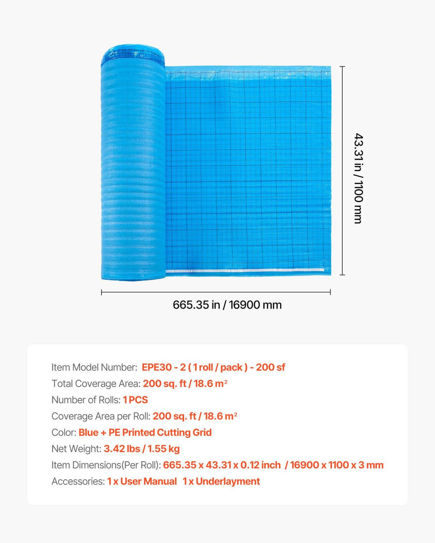 VEVOR Floor Underlayment 18.6 m² 3mm 3-in-1 Vapor Barrier for Laminate Blue