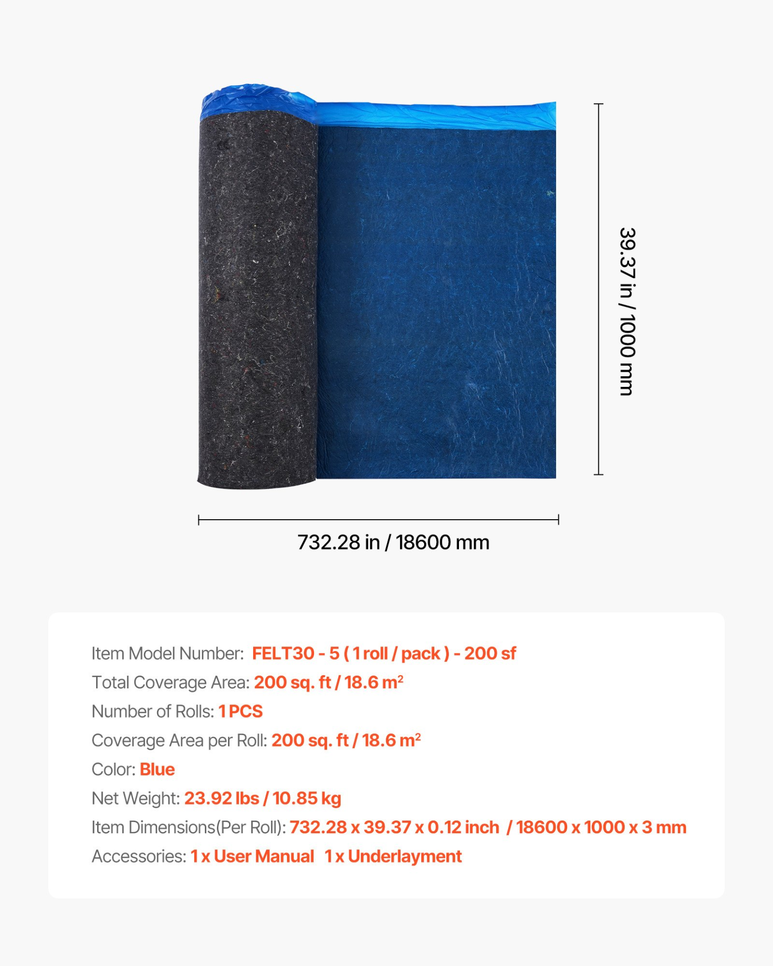 VEVOR Floor Underlayment 18.6 m² 3mm Sound/Vapor Barrier for Laminate Blue