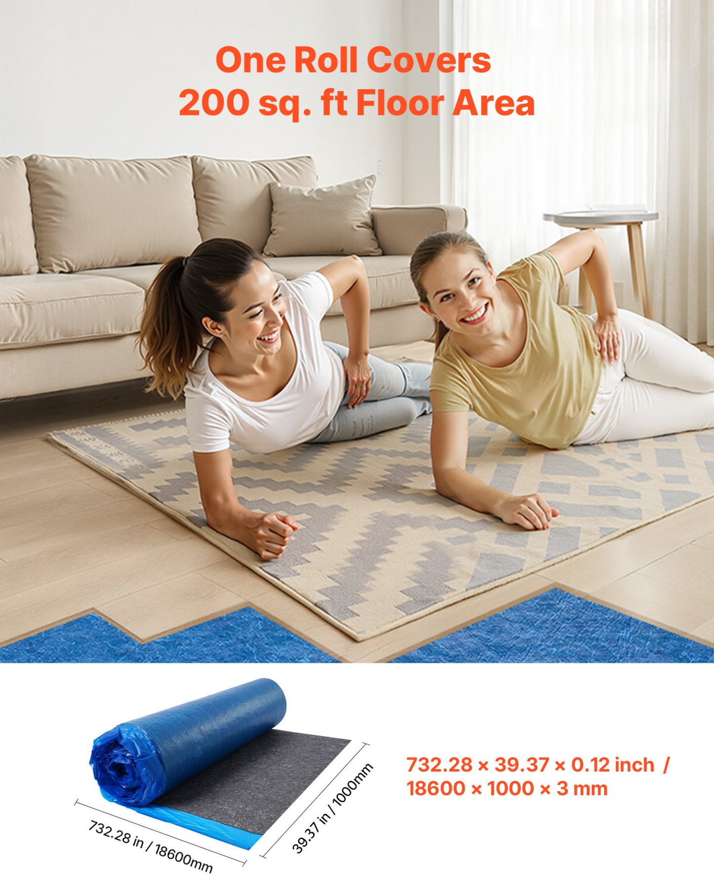 VEVOR Floor Underlayment 37.2 m² 3mm Recycled Fiber Sound/Vapor Barrier Blue