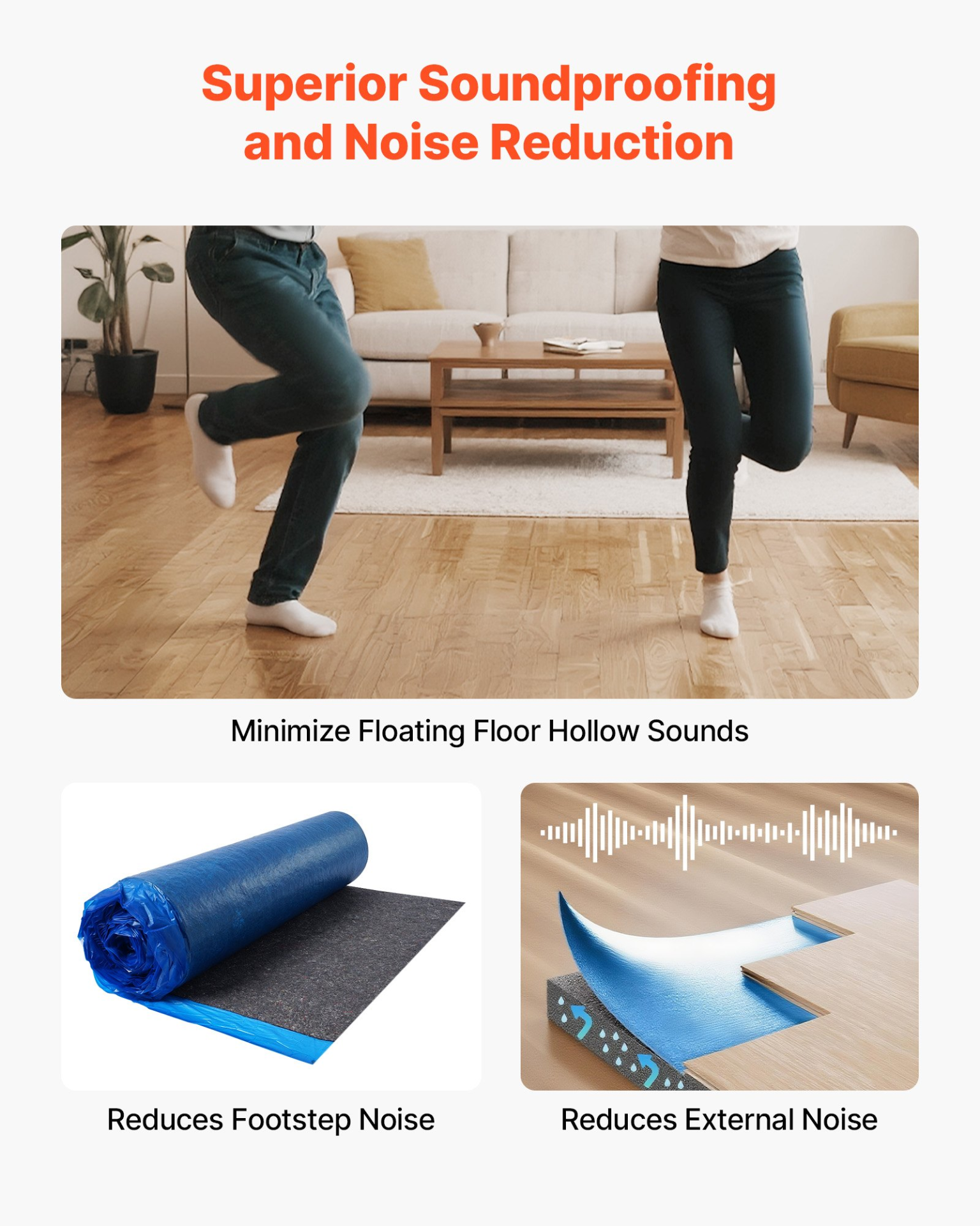 VEVOR Floor Underlayment 37.2 m² 3mm Recycled Fiber Sound/Vapor Barrier Blue