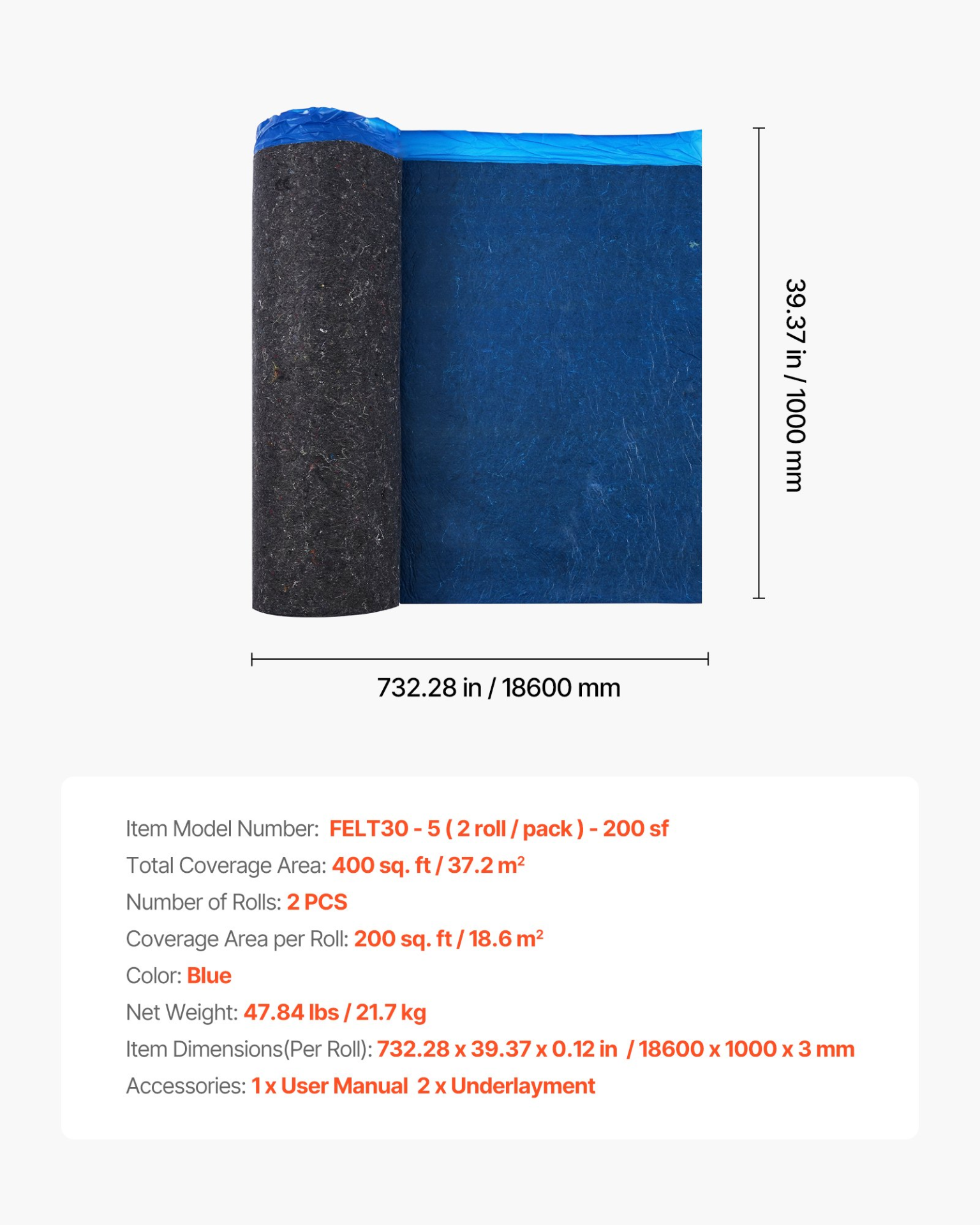 VEVOR Floor Underlayment 37.2 m² 3mm Recycled Fiber Sound/Vapor Barrier Blue