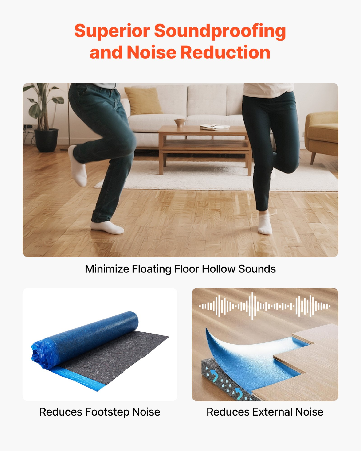 VEVOR Floor Underlayment 9.3 m² 3mm Recycled Fiber Sound/Vapor Barrier Blue