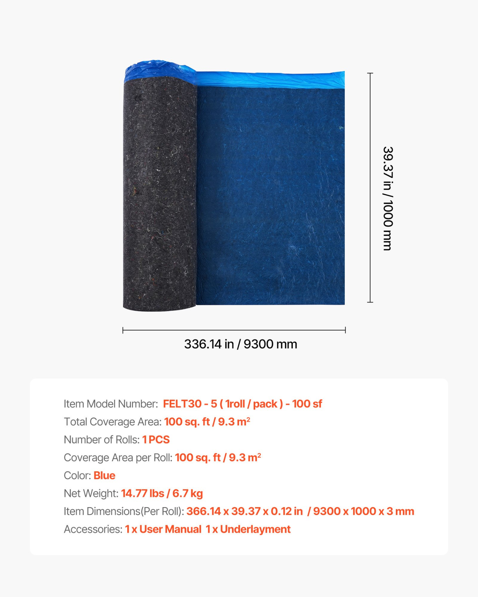 VEVOR Floor Underlayment 9.3 m² 3mm Recycled Fiber Sound/Vapor Barrier Blue