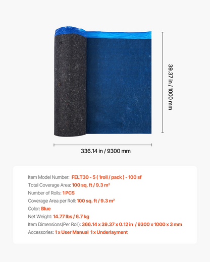 VEVOR Floor Underlayment 9.3 m² 3mm Recycled Fiber Sound/Vapor Barrier Blue