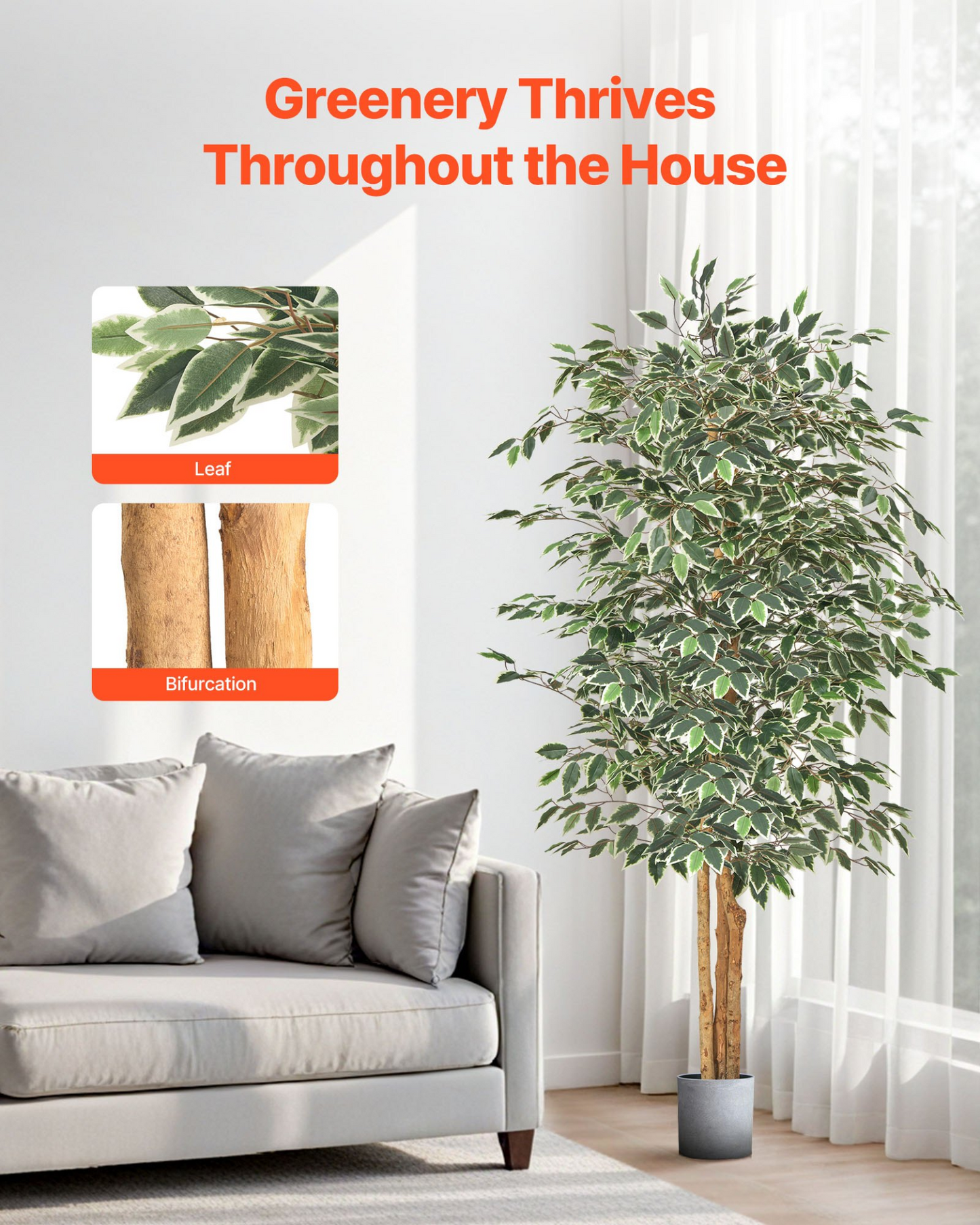 VEVOR 180cm Artificial Ficus Tree Tall Faux Plant with Pot for Indoor Decor
