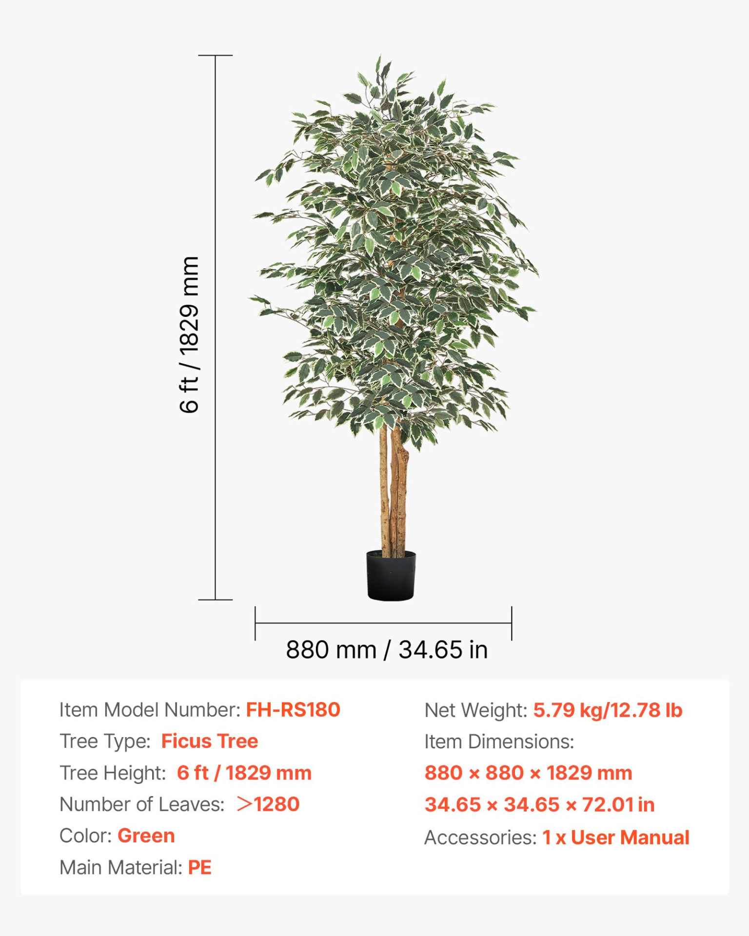VEVOR 180cm Artificial Ficus Tree Tall Faux Plant with Pot for Indoor Decor