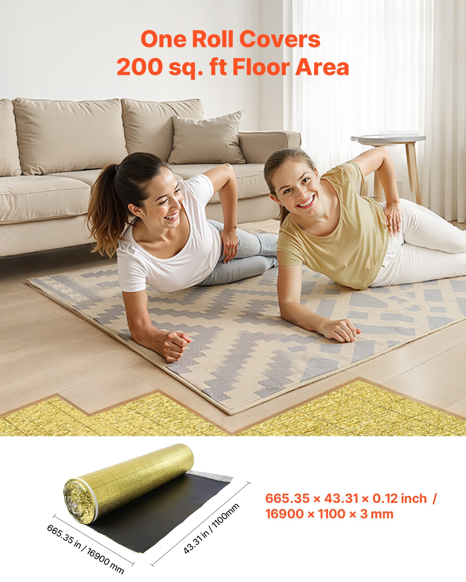 VEVOR Floor Underlayment 18.6 m² Roll 3mm Vapor Barrier Soundproofing Gold