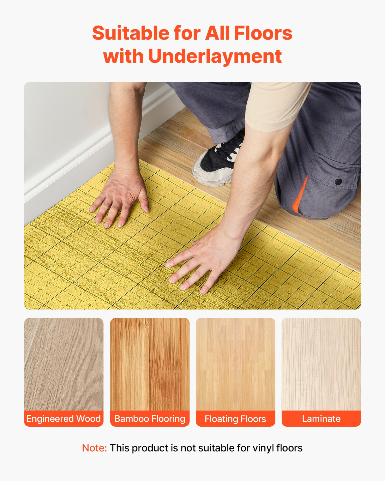 VEVOR Floor Underlayment 18.6 m² Roll 3mm Vapor Barrier Soundproofing Gold