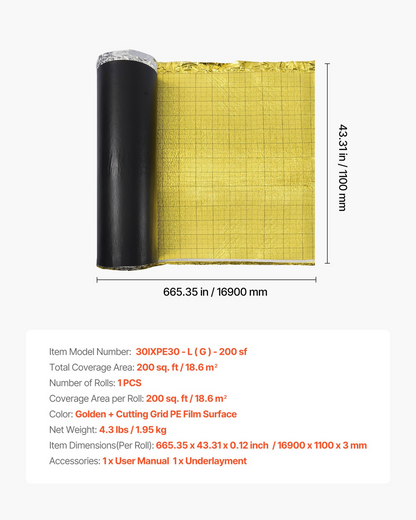 VEVOR Floor Underlayment 18.6 m² Roll 3mm Vapor Barrier Soundproofing Gold