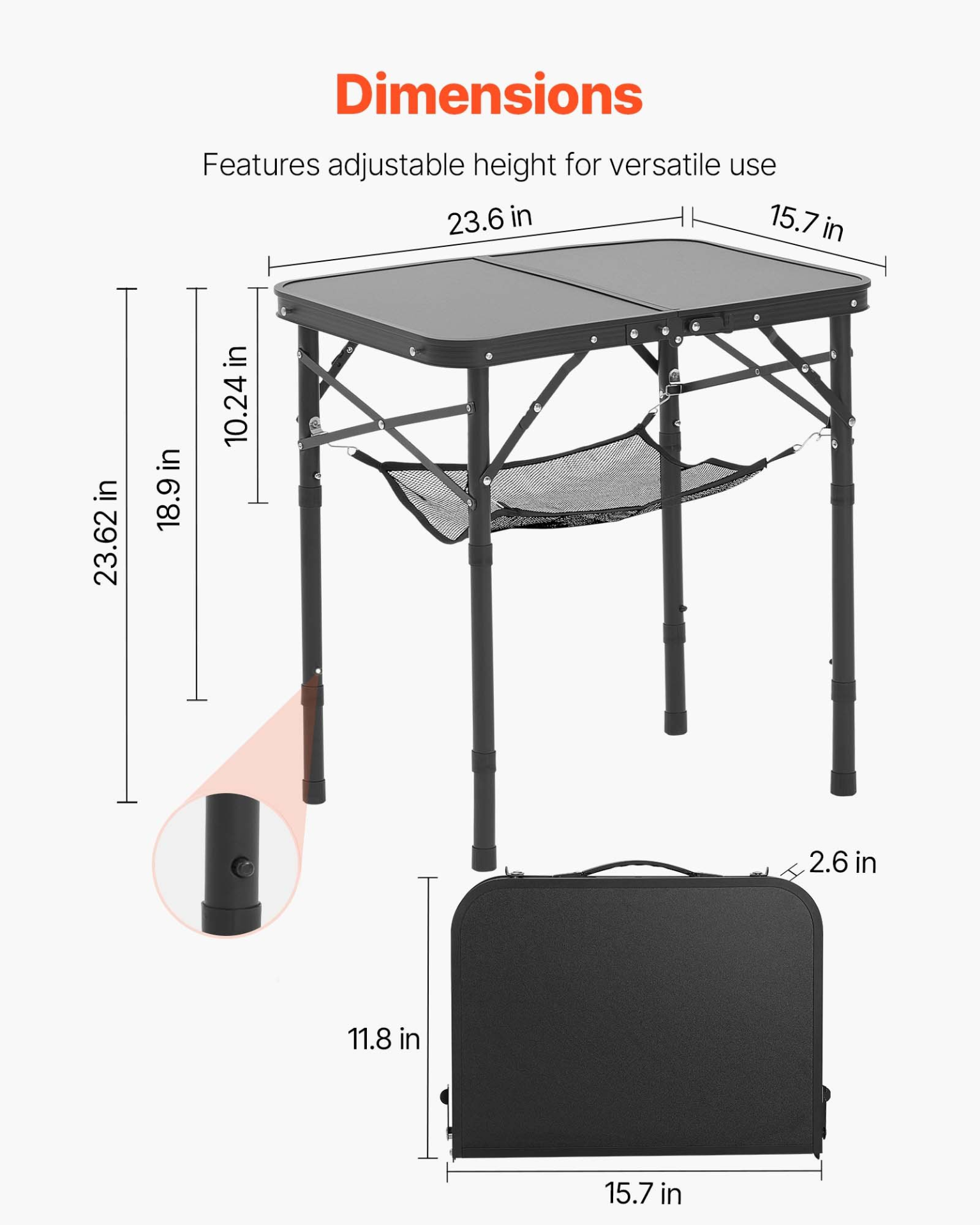 VEVOR 60cm Folding Portable Camping Table Aluminum Picnic Table Indoor Outdoor