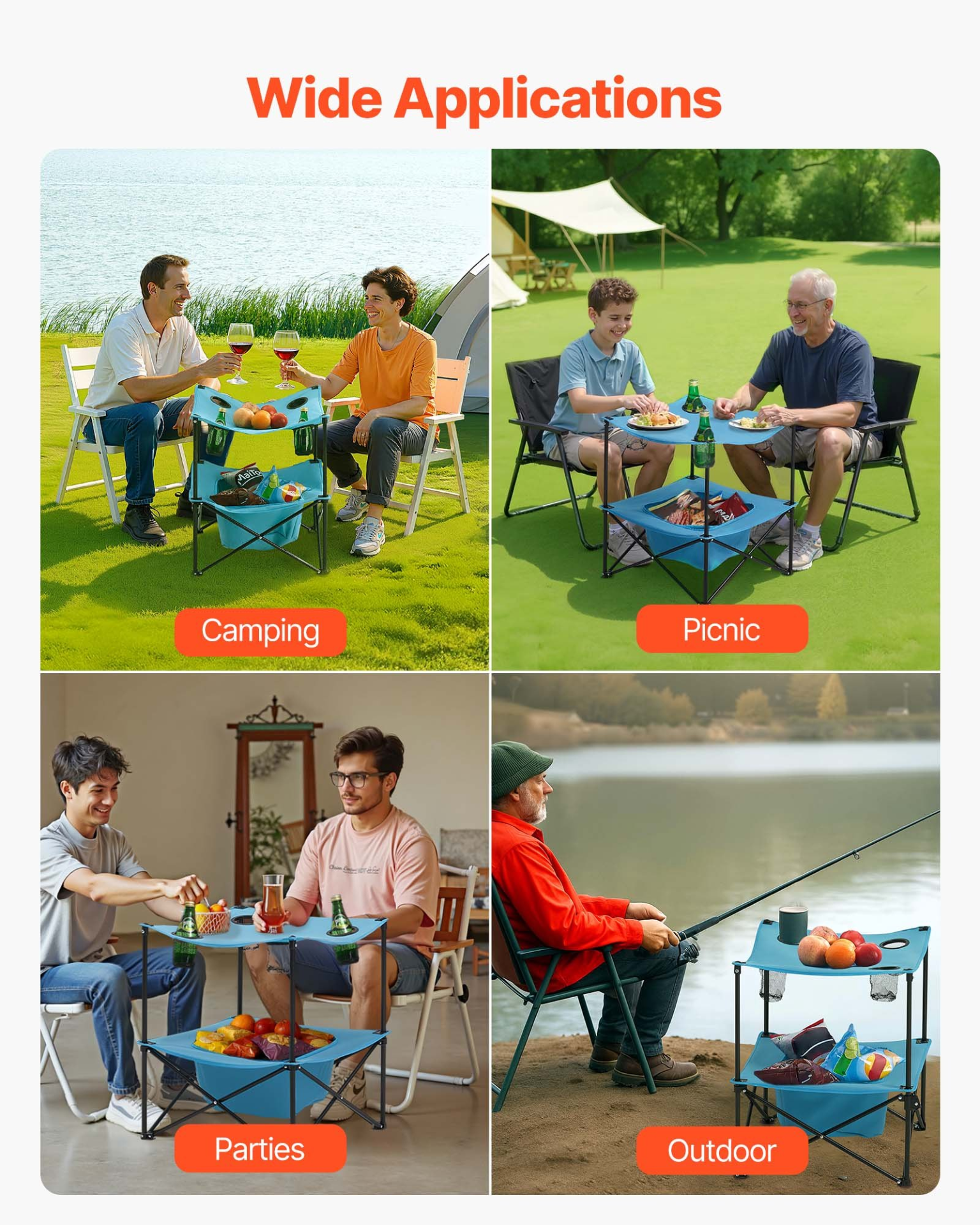 VEVOR Folding Portable Camping Table Oxford Outdoor SquareTable 4 Cup Holders