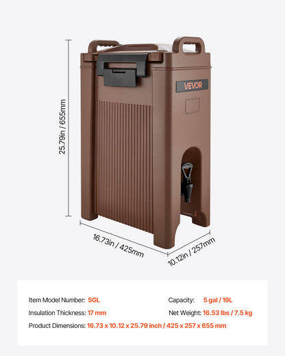 VEVOR Insulated Hot and Cold Beverage Dispenser 5Gal/19L Food-Grade Drink Server