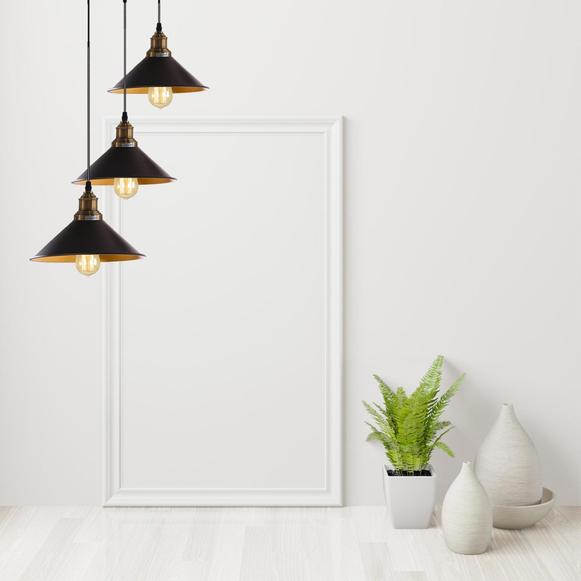 3 Lights Hanging Chandelier With Adjustable Cable With Black Shade~1518