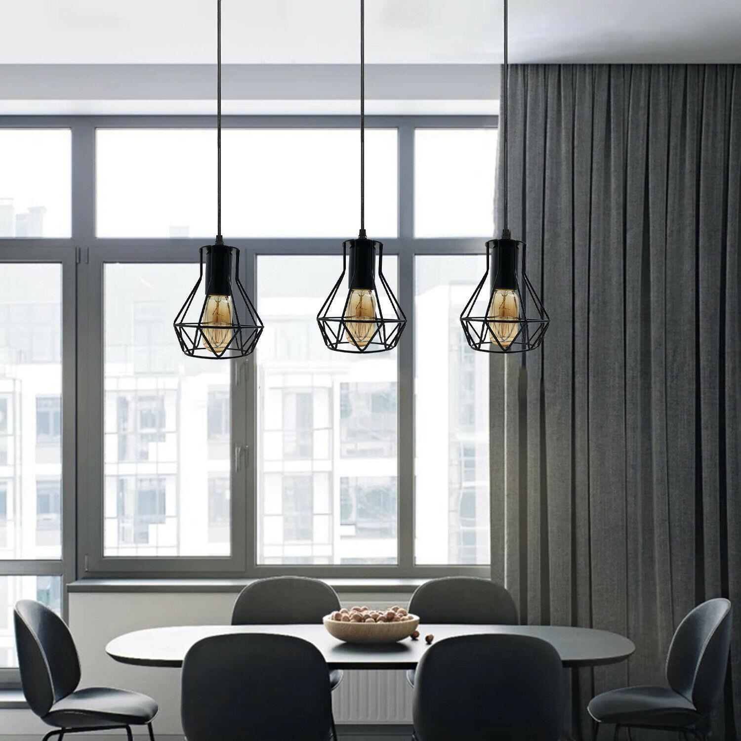 3 Head Rectangle Base Industrial Metal Cage Ceiling Pendant Light UK~1414