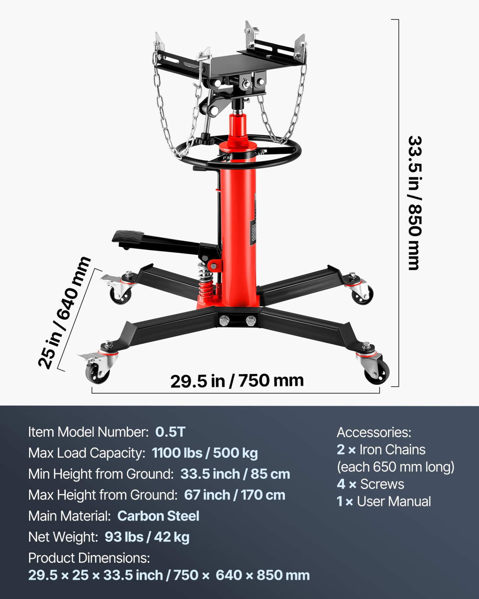 VEVOR Transmission Jack 1100 lbs 2-Stage Hydraulic High Lift Vertical Telescopic